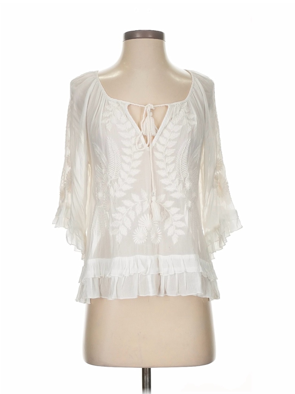 Anthropologie Ivory Embroidered Tie-Front Peasant Blouse